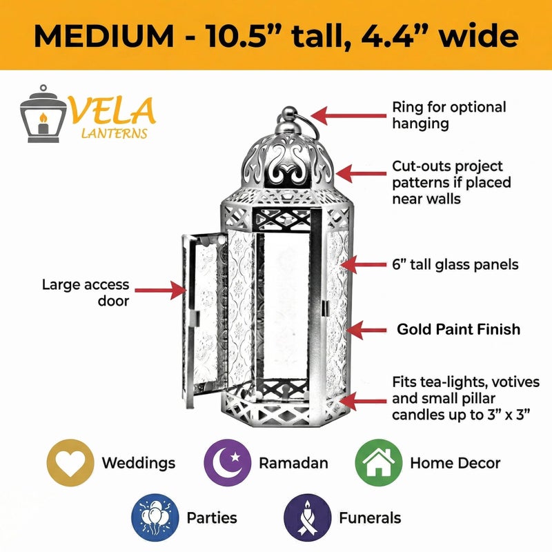 VELA LANTERNS 10.5" Gold Moroccan Candle Lantern Decorative Candle Holder Lamp for Table or Hanging, Ramadan Decorations, Indoor Home Decor, Outdoor Patio or Porch, Weddings, Blue Glass, Medium - Image 4
